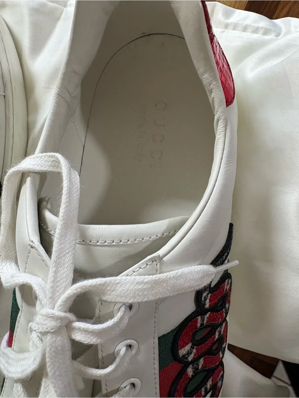Gucci White Leather Sneakers with Red Snake Embroidery